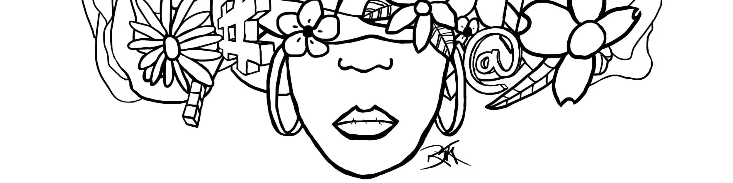 Stylized line drawing of a woman's face, featuring flowers and digital symbols, reflecting a blend of creativity and innovation.